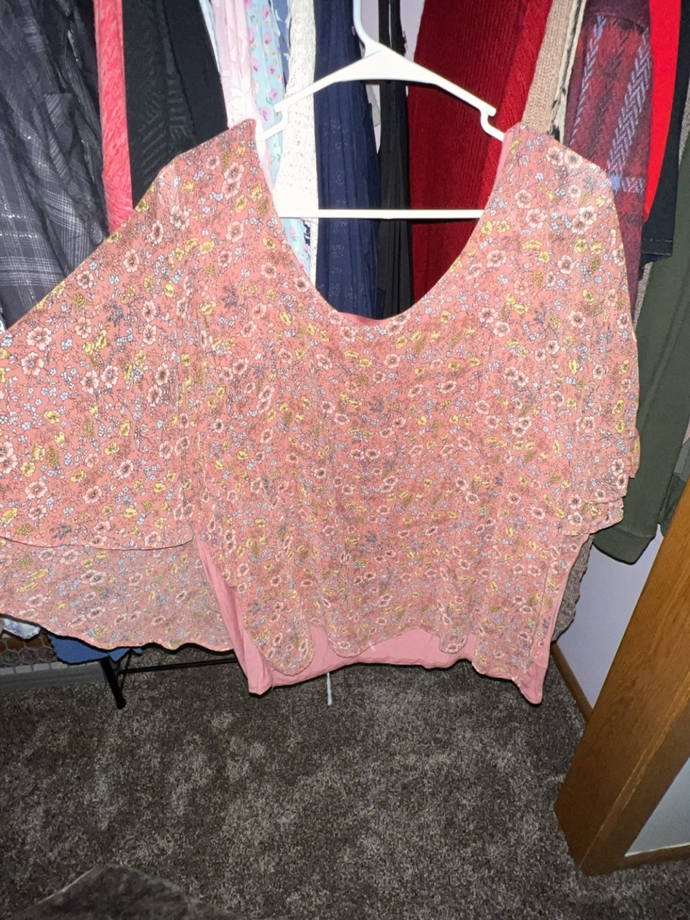 Pink Floral Flutter-Sleeve Blouse with Scoop Neck